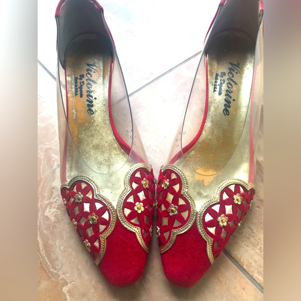 Vintage Victorians by Demario red suede beaded/clear plastic heel US 8